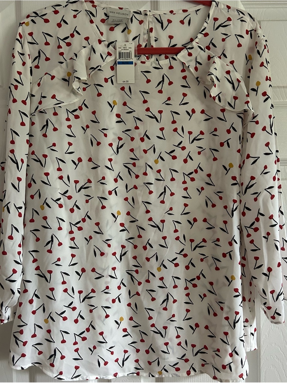 Van Heusen White Blouse with Red Cherry Bud Print and Yellow Accents
